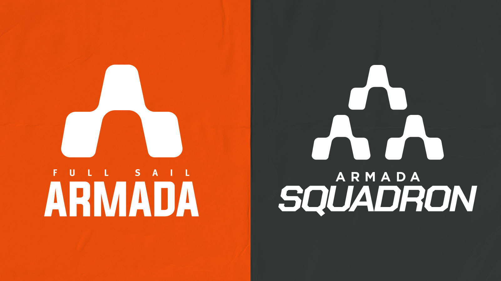 Full Sail Armada Varsity and Armada Squadron logos displayed side by side against bold orange and dark gray backgrounds.