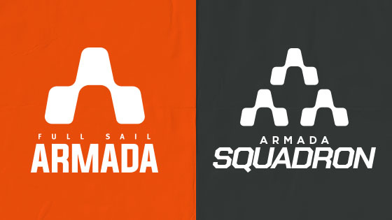 Full Sail Armada Varsity and Armada Squadron logos displayed side by side against bold orange and dark gray backgrounds.