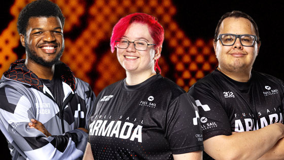 Three Full Sail Armada esports team members smiling and wearing branded jerseys against a dynamic orange background.